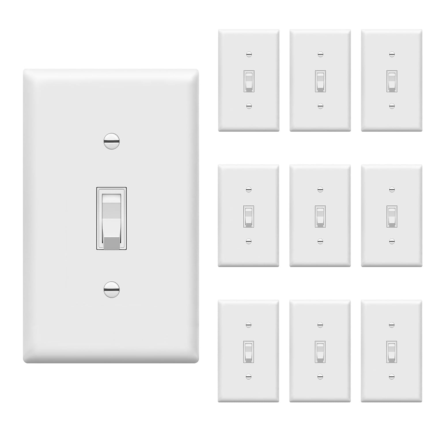 10 Pack Single Pole Light Switch with Wall Plates – 15 Amp Residential Grade, Easy Installation, White