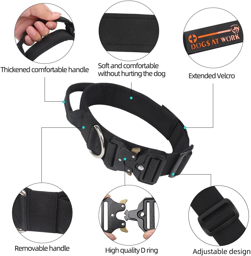 Tactical Dog Collar with Handle, Heavy-Duty Military Style for Medium and Large Dogs, Quick Release Metal Buckle, Adjustable and Comfortable, 1.8-Inch Wide (Black, Size L 16–19”)