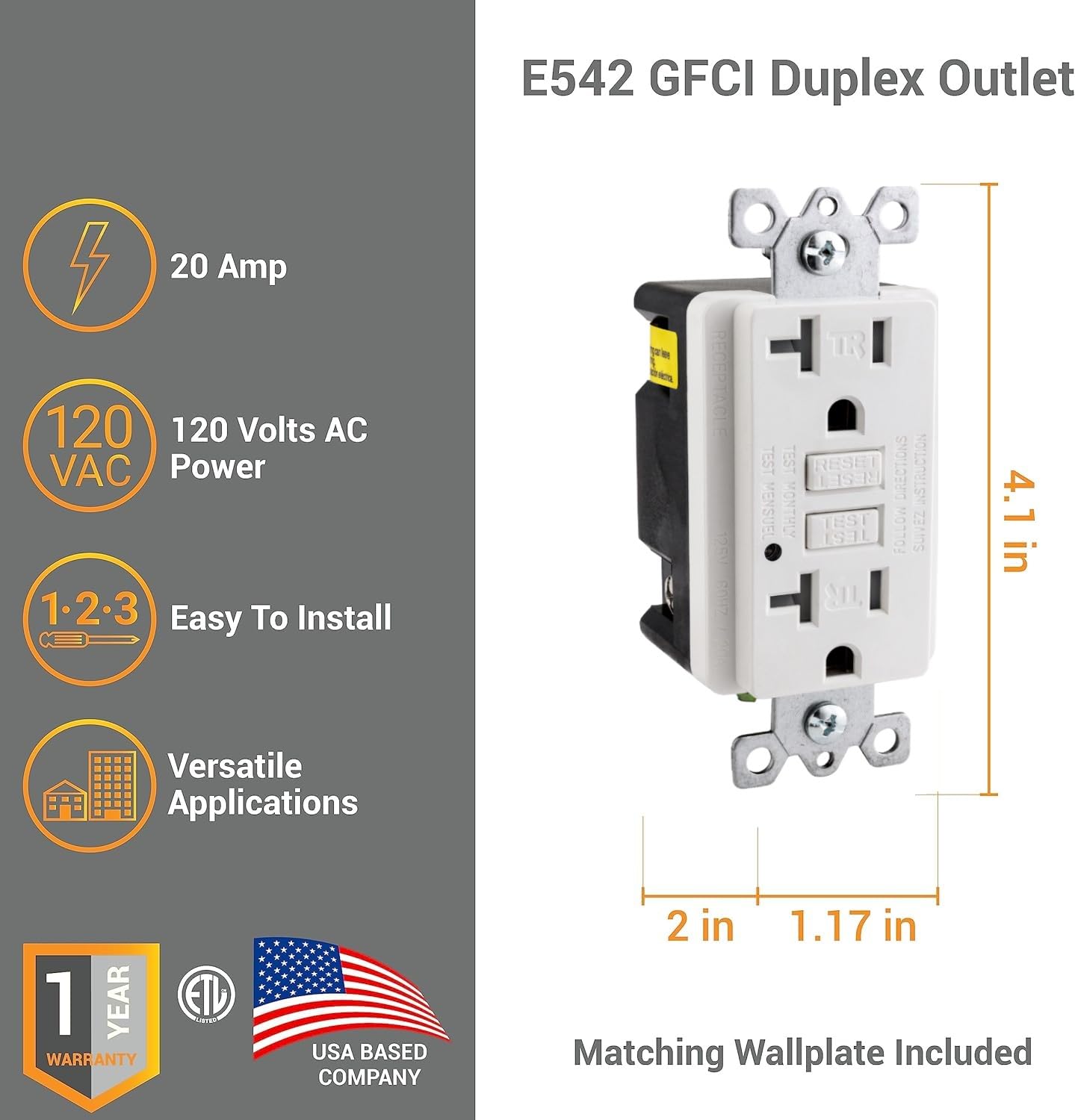 2 Pack 20A GFCI Outlet – Self-Test Tamper Resistant Electrical Receptacle (NEMA 5-20R)