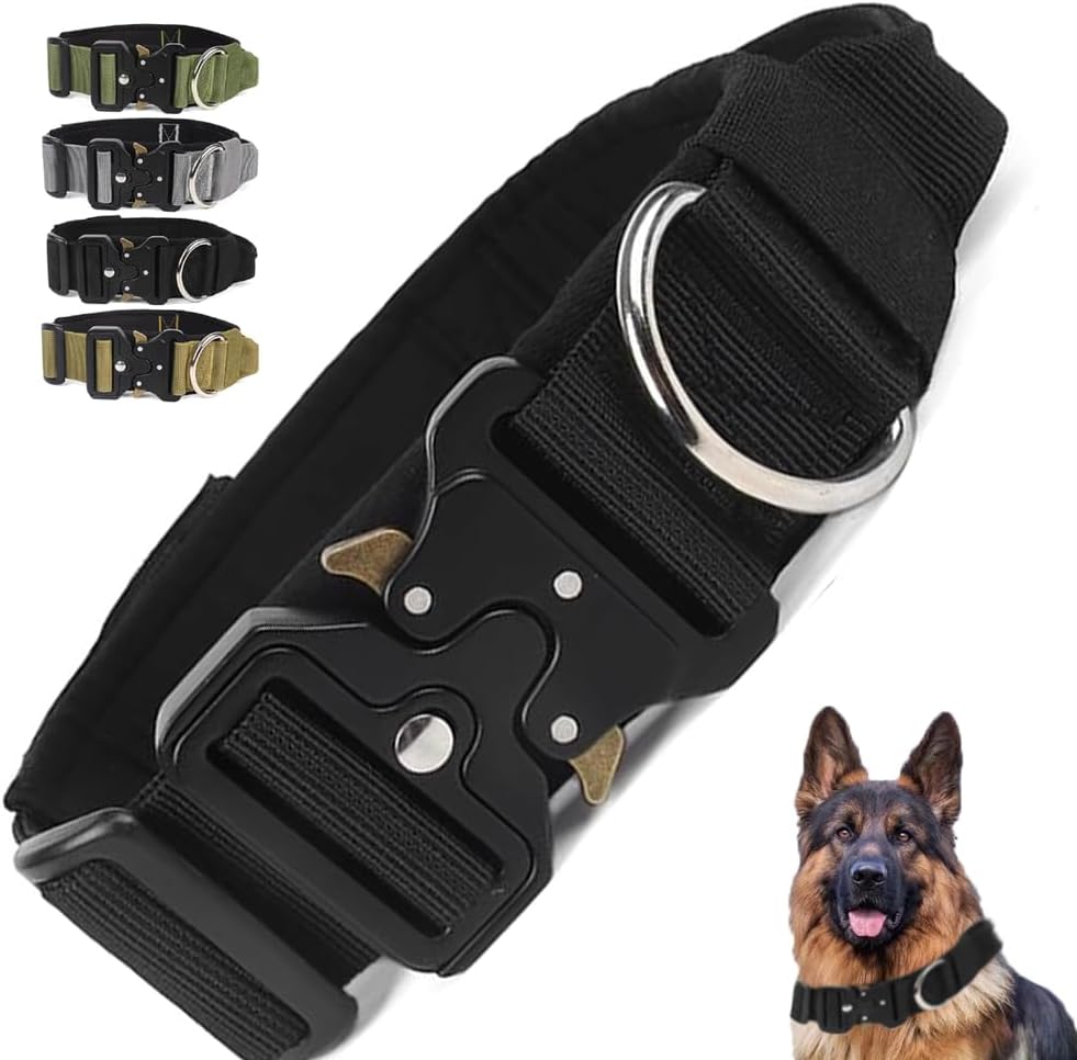 Tactical Dog Collar with Handle, Heavy-Duty Military Style for Medium and Large Dogs, Quick Release Metal Buckle, Adjustable and Comfortable, 1.8-Inch Wide (Black, Size L 16–19”)