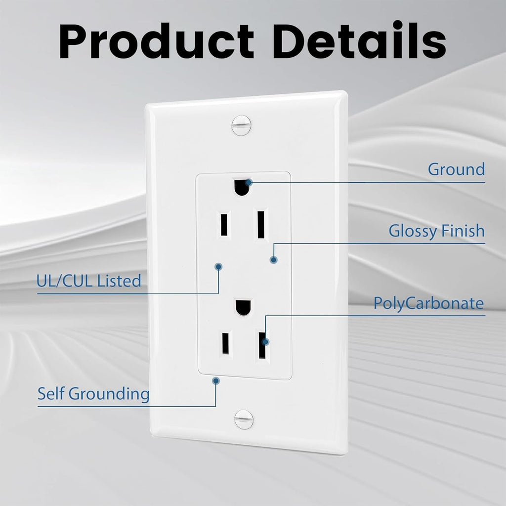 20 Pack Modern White Duplex Electrical Outlets – Standard Wall Receptacles for Home & Office