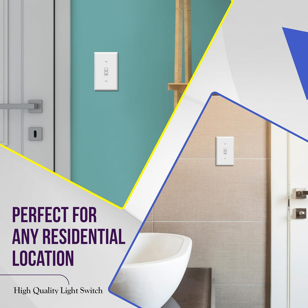 10 Pack Single Pole Light Switch with Wall Plates – 15 Amp Residential Grade, Easy Installation, White