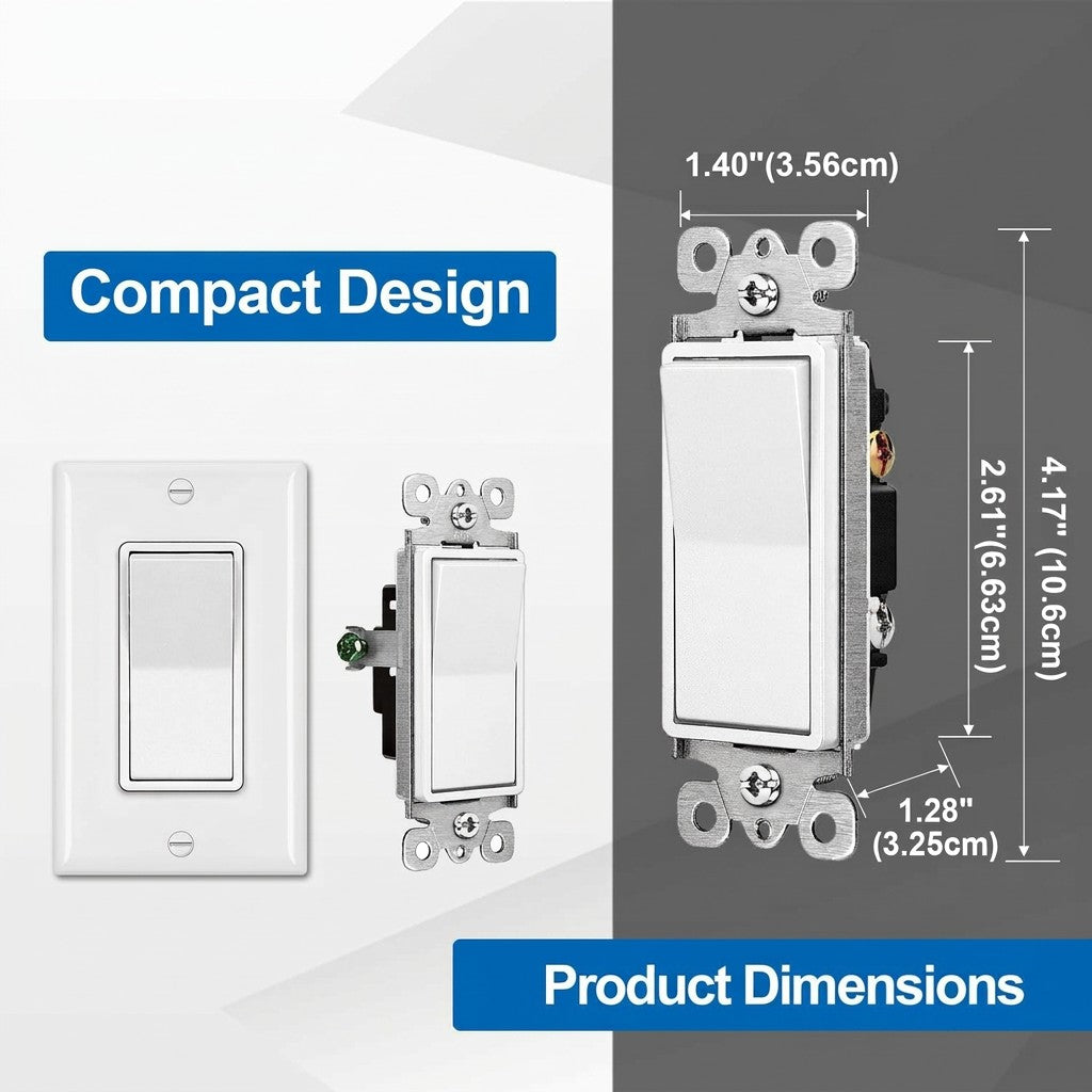 10 Pack Rocker Light Switch with Wall Plate, Modern Decorator Switch 15A, Easy Install Home Upgrade
